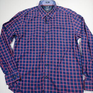 Louis Philippe Men's Button-down Slim Shirt Blue Red Plaid - Size Medium